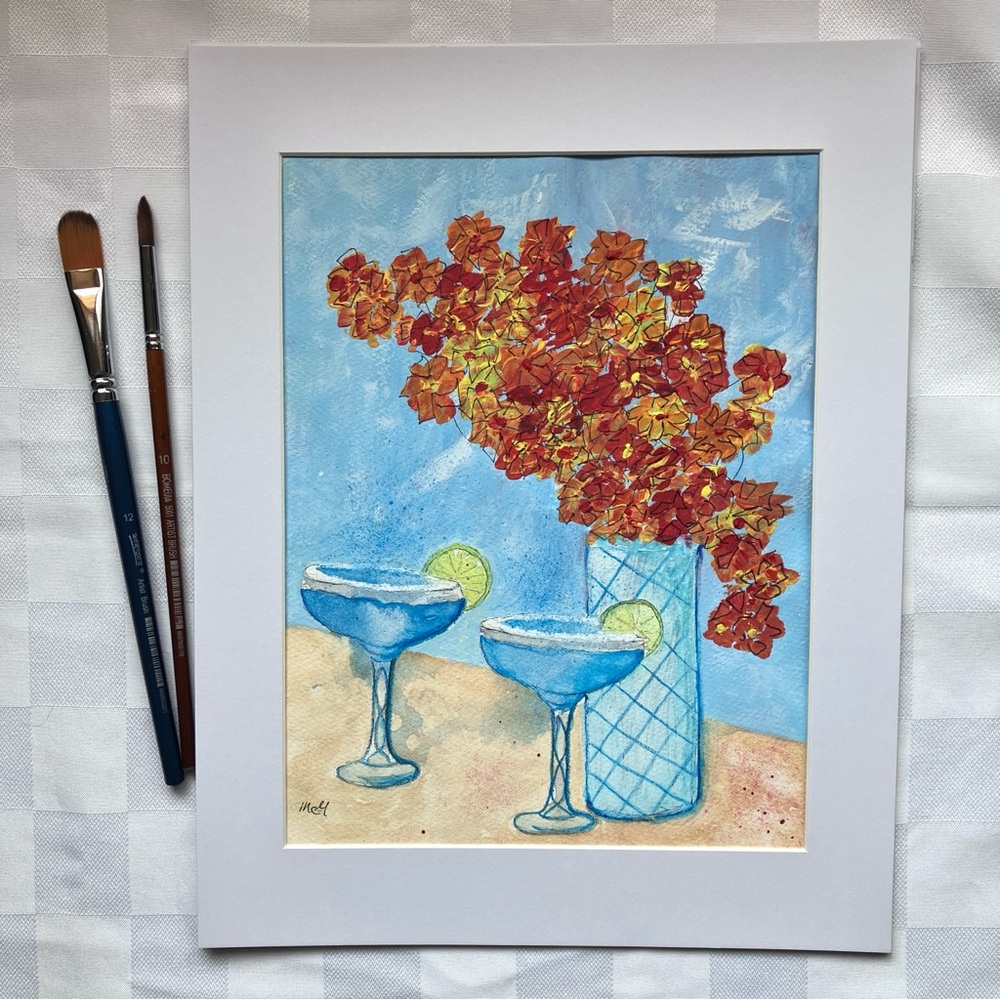Margarita Cocktails Bar Art Watercolor Floral Painting